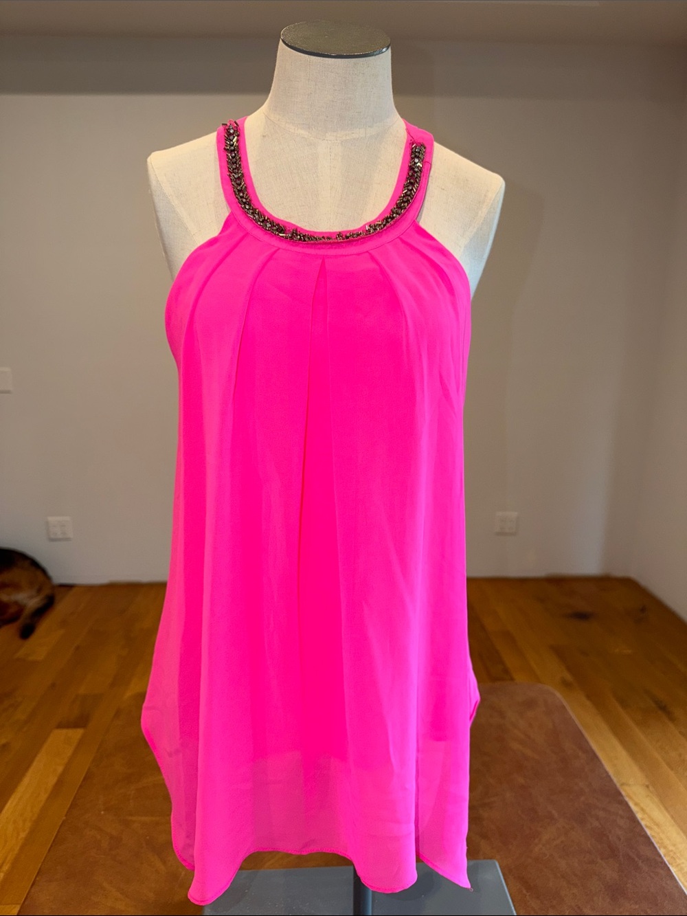 Sleeveless Beaded Halter Neck Tank Top - Hot Pink